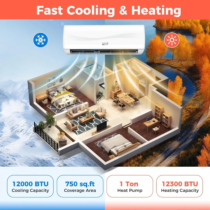 COSTWAY 12000BTU Mini Ar Condicionado e Aquecedor Dividido, 20 SEER2 115V Unidade de CA sem dutos montada na parede enfrenta salas de até 750 m2. Pés