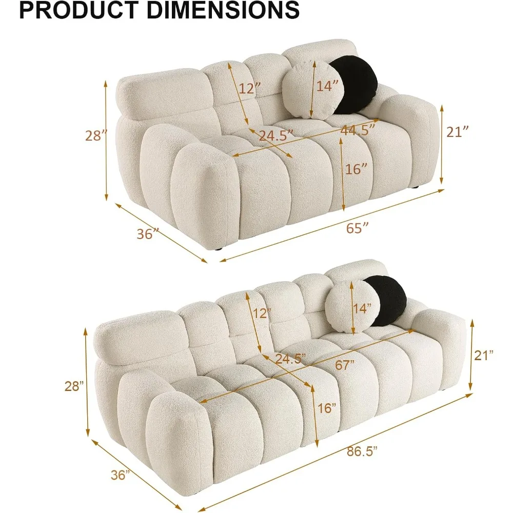 2 Piece Sofa Set, Boucle Cloud Couch and Loveseat Sets, Modern Bubble Living Room Furniture Set with 4 Pillows, Beige