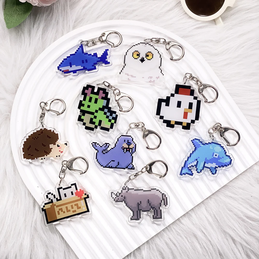 9Pcs Pixel Animals Seal Chicken Rhinoceros Acrylic Car Keychain Bag Charms Accessories Backpack Key Holder Keyring Friends Gifts