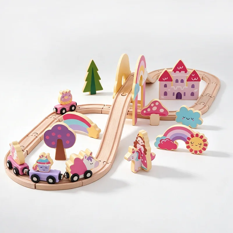 Wooden Train Track Building Blocks Set Educational DIY Assemble Train Toy with Rainbow Bridge Castle Accessories for Girls Gift