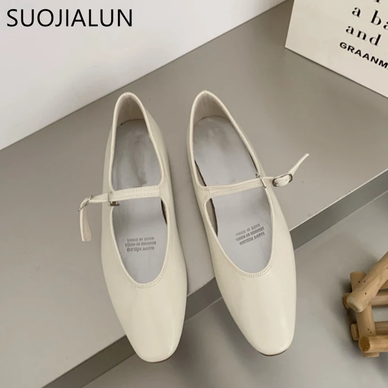 SUOJIALUN 2023 Summer New Women Flat Shoes Fashion Shallow Ladies Casual Soft Mary Jane Shoes Outdoor Dress Flat Ballet Shoes