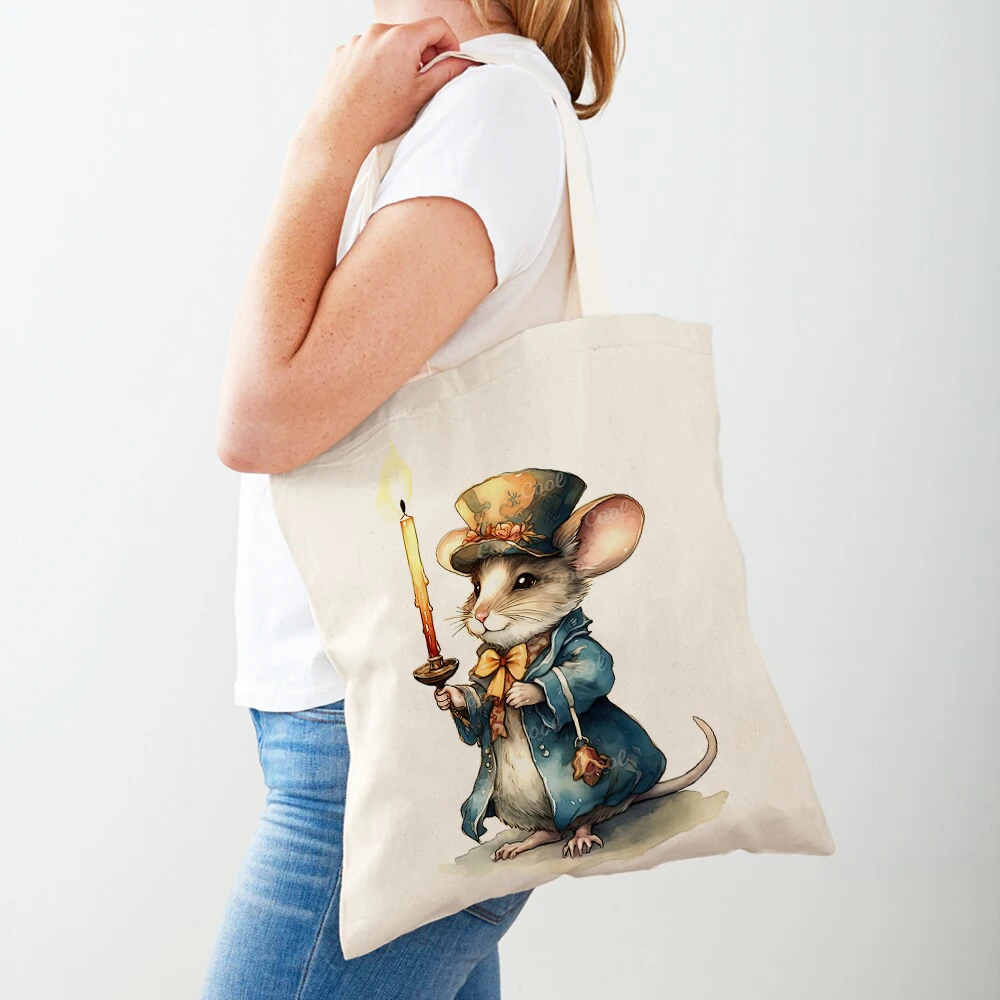 Cute Vintage Cartoon Mouse Casual Women Shopping Bag Double Print Canvas Girl Animal Travel Tote Handbags Children Shopper Bags