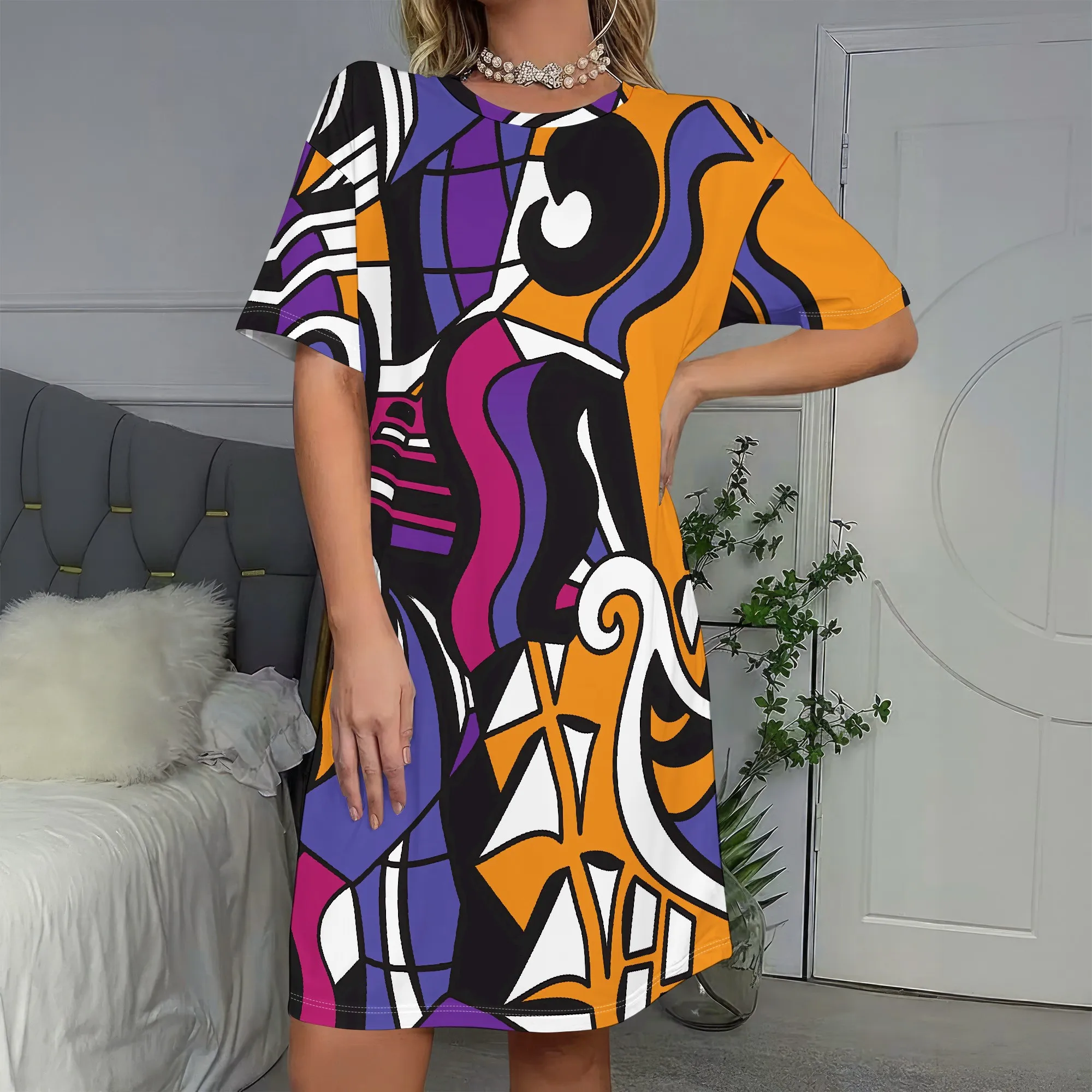

Abstract Art Print Dress, Colorful Short Sleeve Mini Dress, Vibrant Geometric Pattern, Casual Summer Outfit for Women, S-2XL