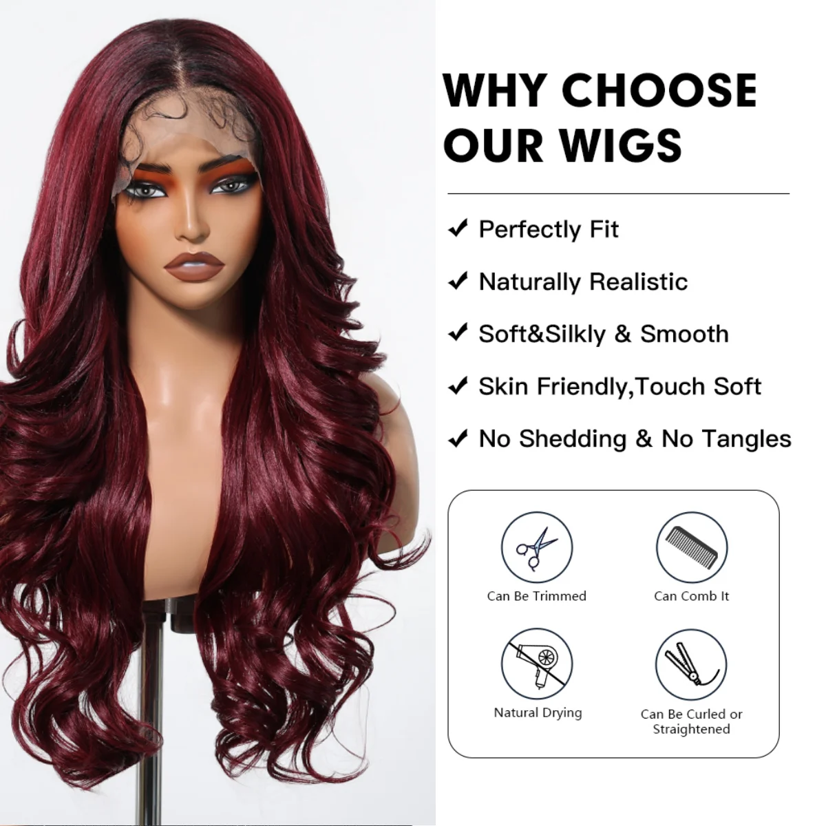 Brazilian 13*6 Lace Frontal Synthetic Wigs Burgundy Hair Long Body Wave Wig Heat Resistant Wig with Baby Hair Party Daily Use