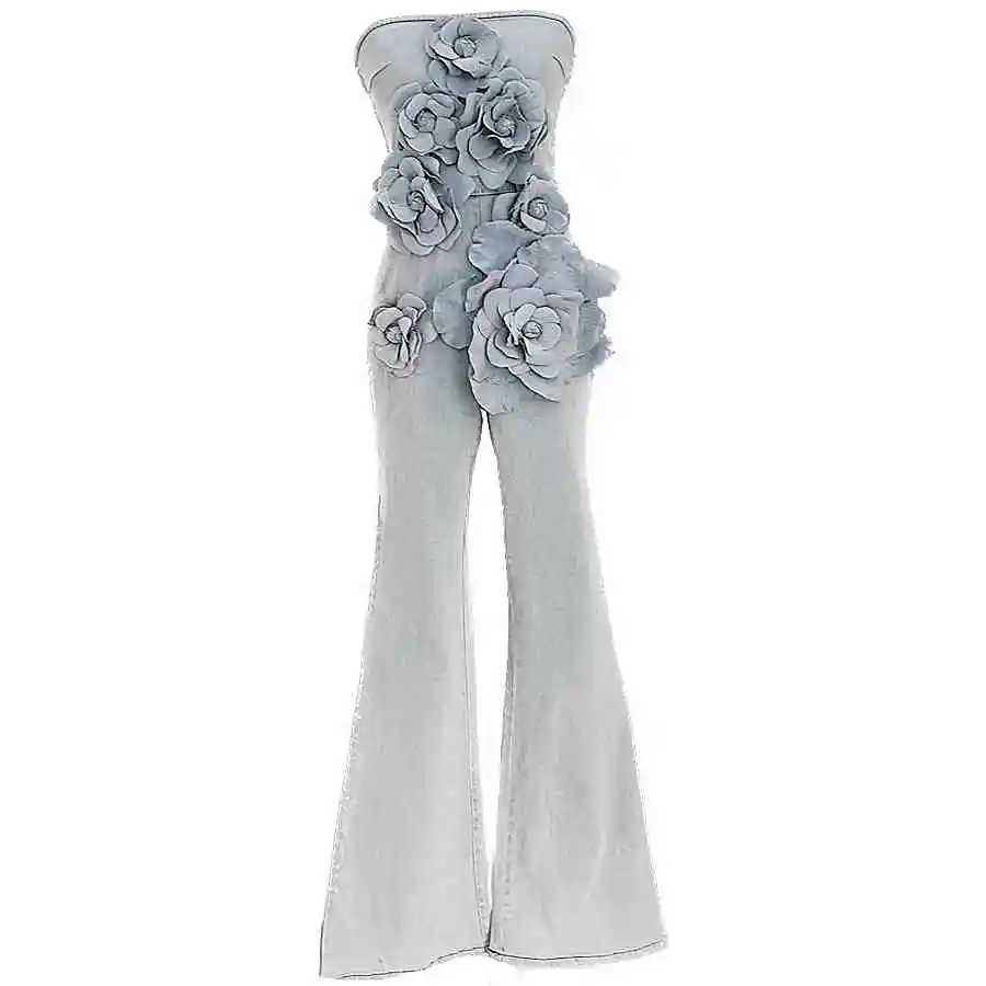 

Сексуальные джинсовые комбинезоны без бретелек для женщин без рукавов с 3D аппликациями и цветами, топ-труба, боди, комбинезон полной длины