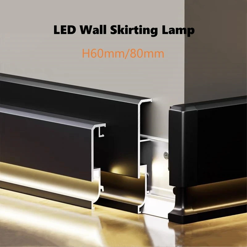 H60/80mm Narrow LED Wall Skirting Line Lamp Aluminium Profile Metal Floor Baseboard Silicone Corner Linear Decor Bar Strip Light