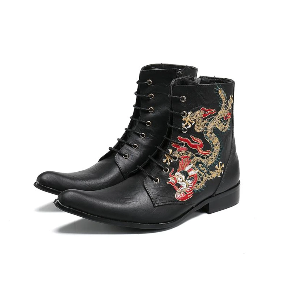 

Black Printing Strap Zipper Genuine Leather High Heels Pointed Toe Boots Male Party British Style Wedding Men Dress Shoe