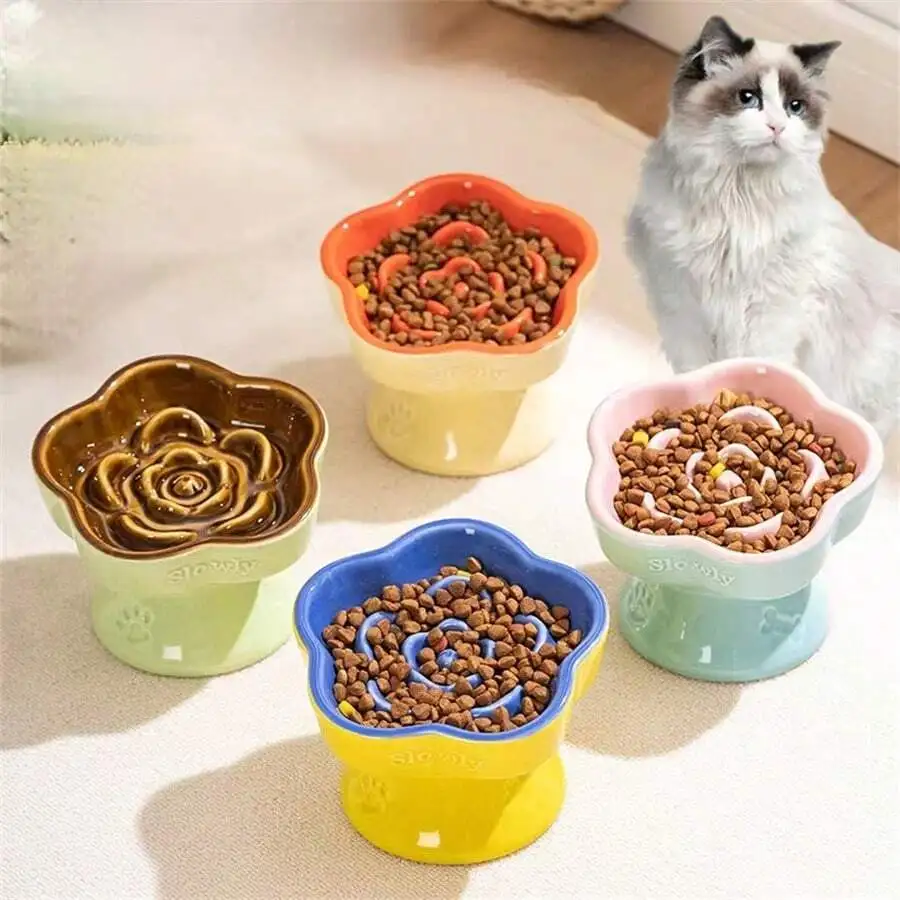 

Ceramic Raised Cat/Dog Bowl, Anti-Choking, Anti-Spill, Neck Protection, With Slanted Opening, For Small D