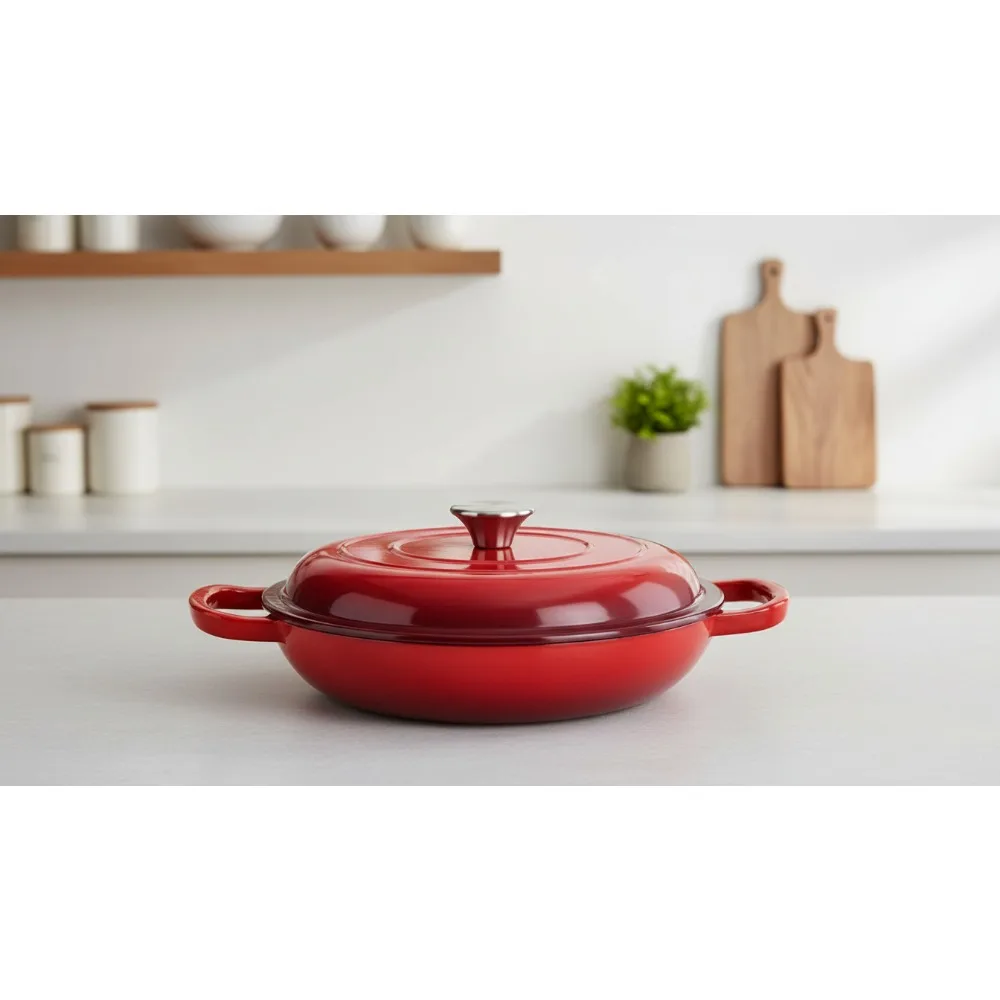 

3 Quart Enameled Cast Iron Braiser with Lid, Non-Stick Dutch Oven Skillet for Baking & Cooking on Stove, Oven, Grill (Red)