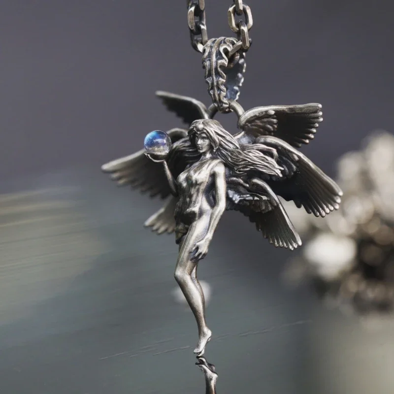 Moon Goddess Pendant Necklace Silver Plated Six Winged Angel Crystal Chain Necklace for Men Women Party Jewelry Accessories