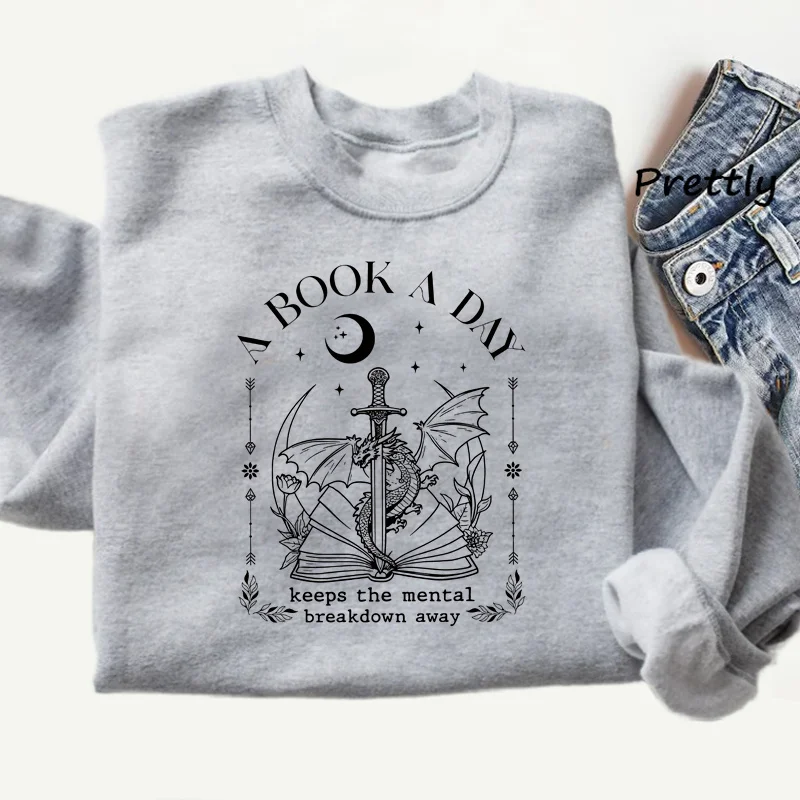 A Book A Day Dragon Sweatshirt Bookish Book Club Crewneck Sweatshirt Fantasy Book Merch Dragon Forth Wings Woman Clothes Sweat
