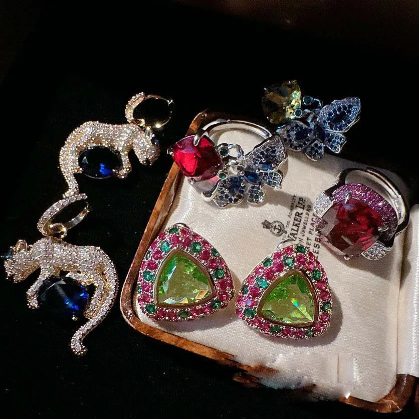 

2023 Women Mojito Green Demantoid Garnet earrings plated with 18K gold Bic red zircon ring