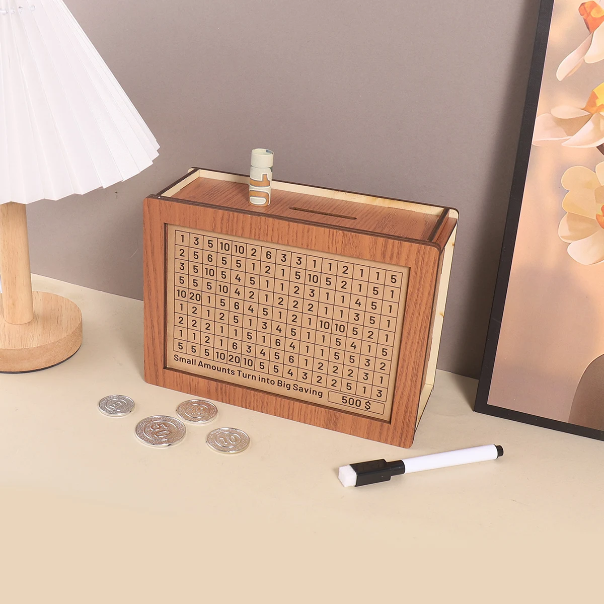 1 صندوق نقود خشبي بني فاتح، صندوق تخزين نقدي مع ملصقات قابلة للاستبدال، ديكور طاولة المنزل، منظمات ممتعة لتوفير المال #5