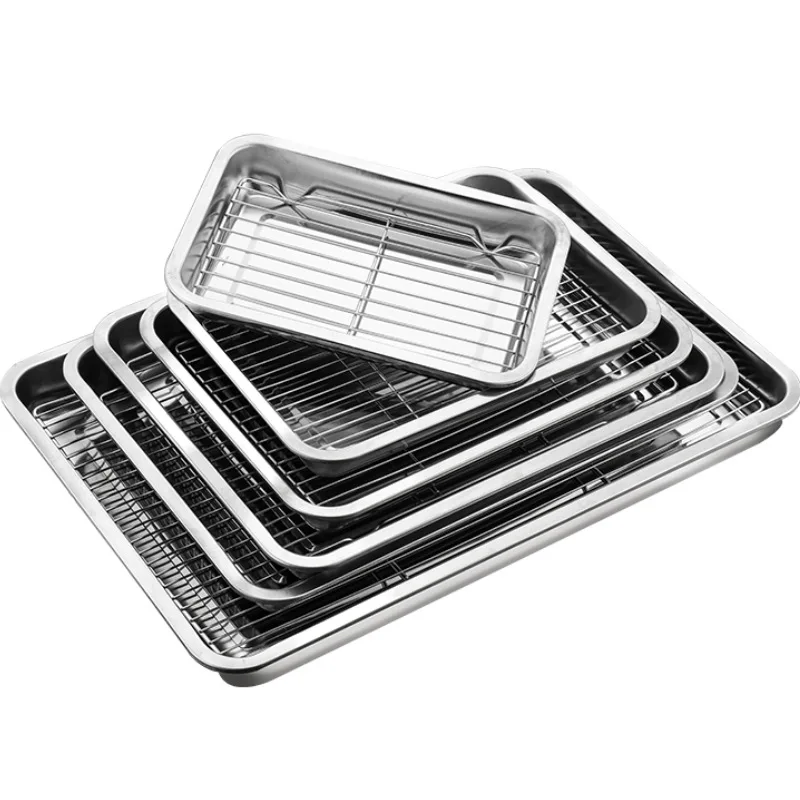 Rectangle Stainless Steel Bakeware BBQ Grid Food Storage Tray Bread Baking Pan Cooling Rack Fruit Pastry Plates Kitchen Utensils