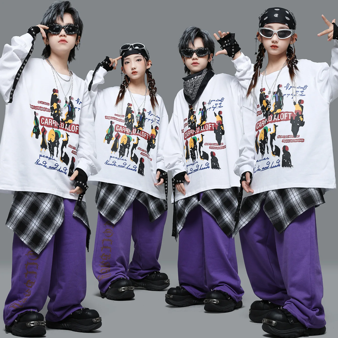 キッズK-POPヒップホップ服、白プリントスウェットシャツトップ、紫カジュアルスウェットパンツ、女の子男の子ストリートダンスウェアコスチューム服