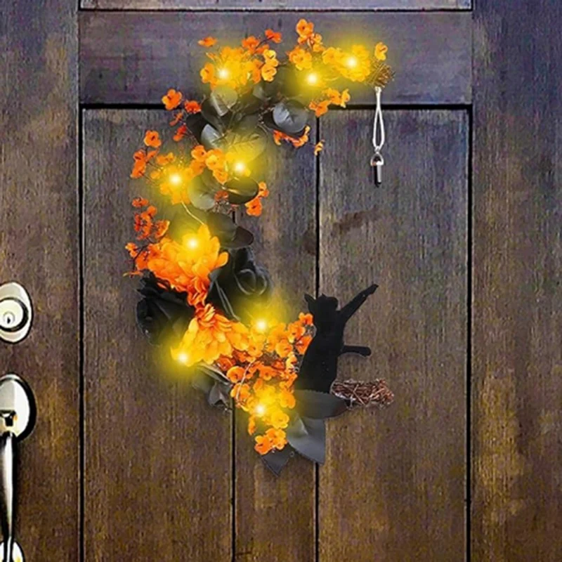 ハロウィーンのドアリース,明るい猫の花輪,黒いバラと黄色の花,正面玄関の好意