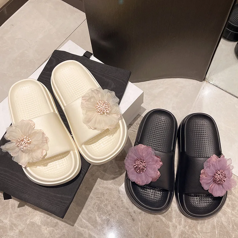 Beach Laides Slippers Eva One-Piece Shoes Big Yarn Flower Women Sandals Thick Sole Huaraches Swim Water Sports Comfort Leisure