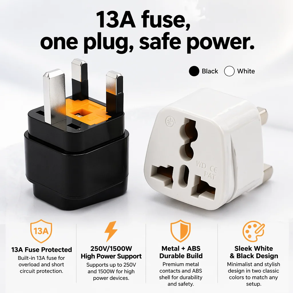 Type G UK Travel Plug Adapter with 13A Fuse, 2/3 Pin to 3 Pin Converter for US, EU, Australia Appliances & All Electronics