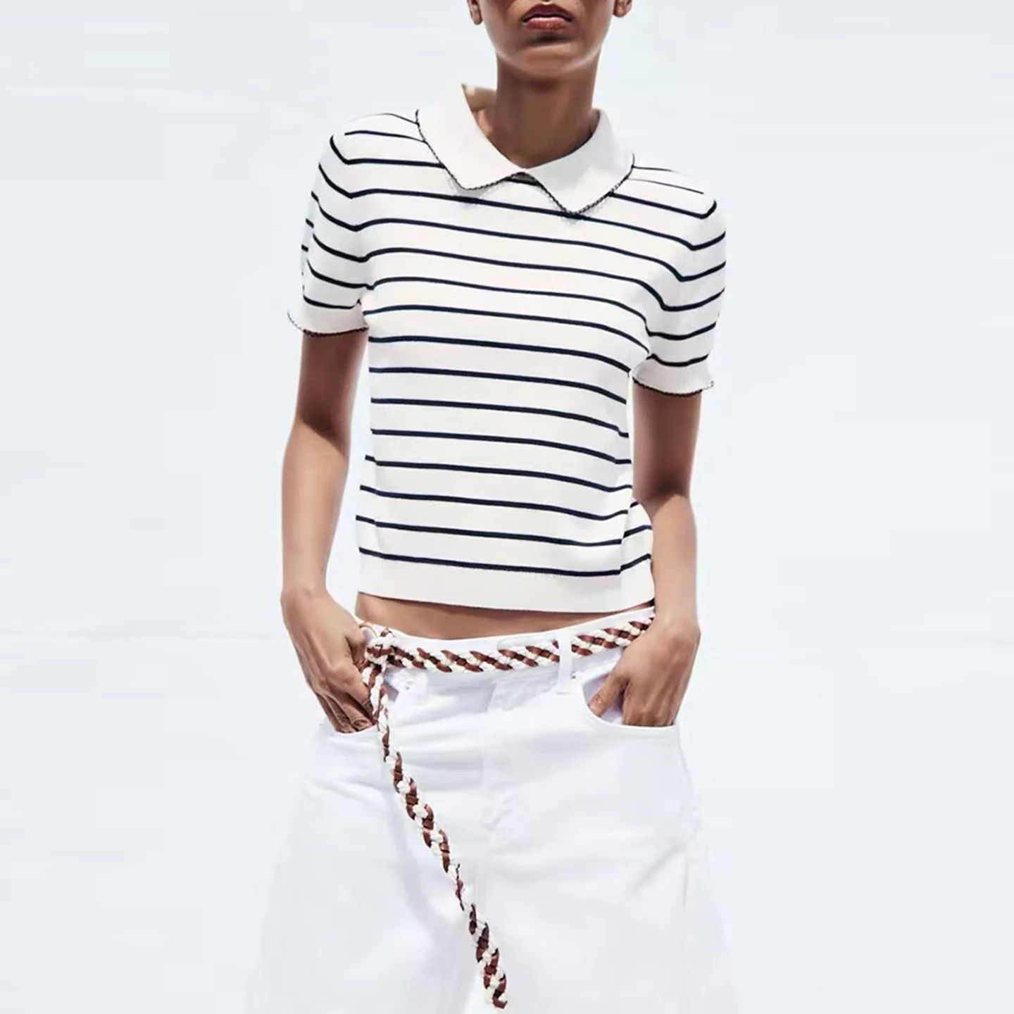 

Z Женский повседневный вязаный топ ort Sve с отложным воротником и отделкой, новинка 2025, новинка Sle Commute Sle, полиэфирное волокно