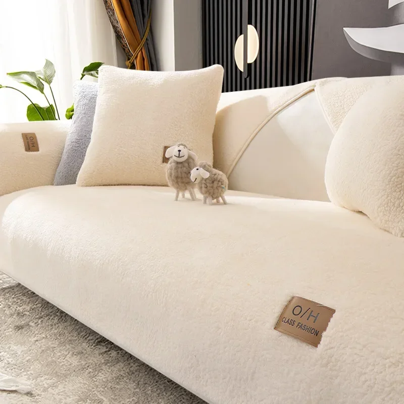 Lamb Velvet Embroidered Leather Label Sofa Cover Living Room Sofa Cover Backrest Armrest Cushion Non-Slip Thickened Couch Mat