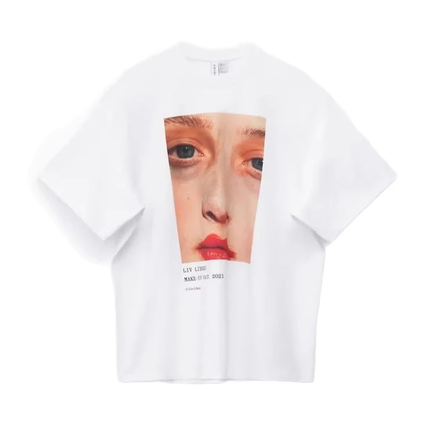 Designer Face Print Cotton Tee - Women's Casual Oversized Short Sleeve T-Shirt French Elegant Chic Aesthetic Streetwear Elegant