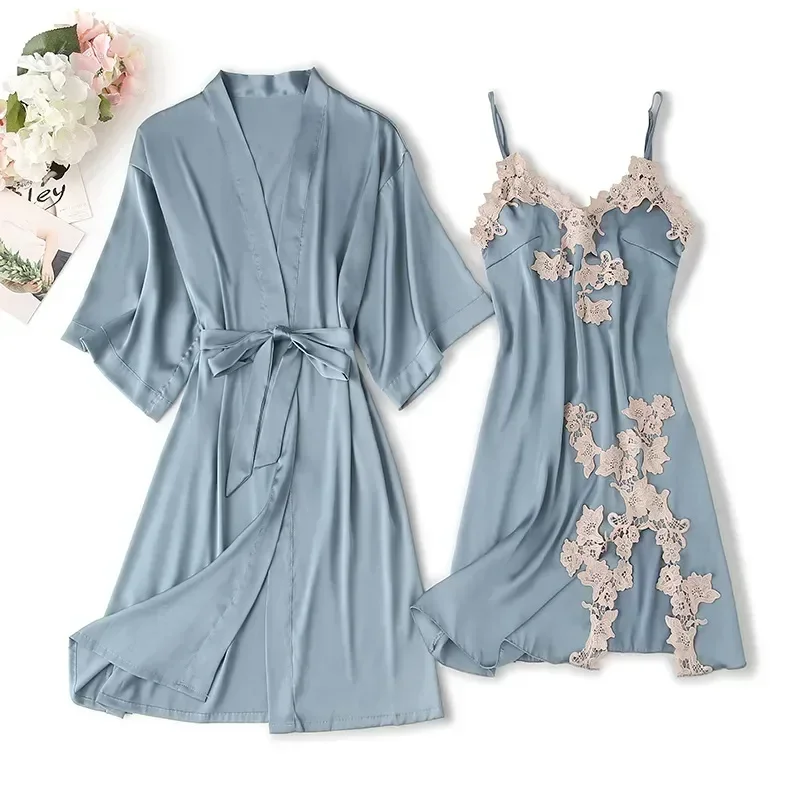 

Chest Gown Sets Sexy Pads Lace Summer Robe Satin Bathrobe+sling Silk Sleep Lounge Autumn Nightwear Nightdress & Women