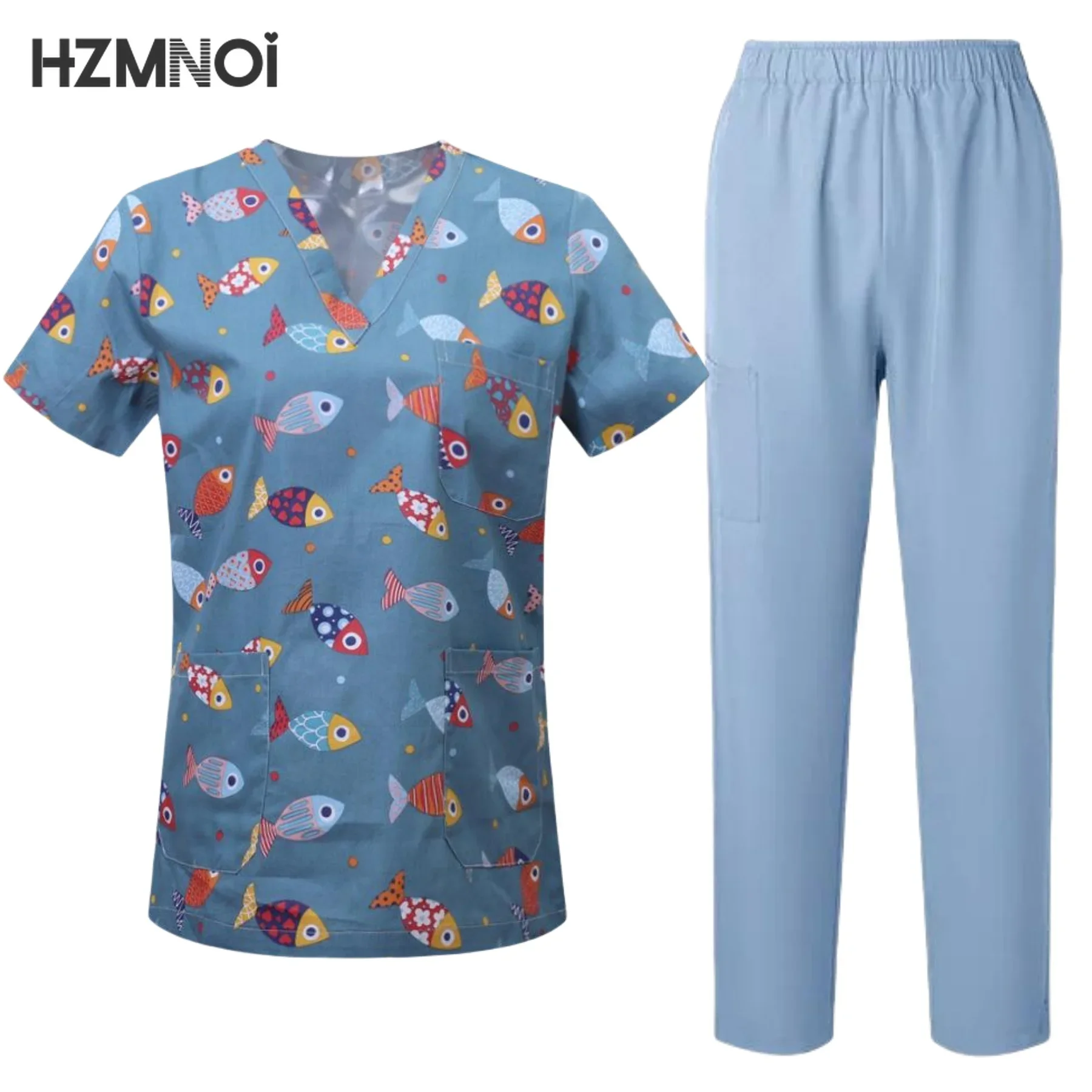 Surgical Uniforms Woman Printing Blouse Pockets Pants Medical Scrub Set Beauty Salon Workwear Clinical Scrubs Top+Pants Spa Suit