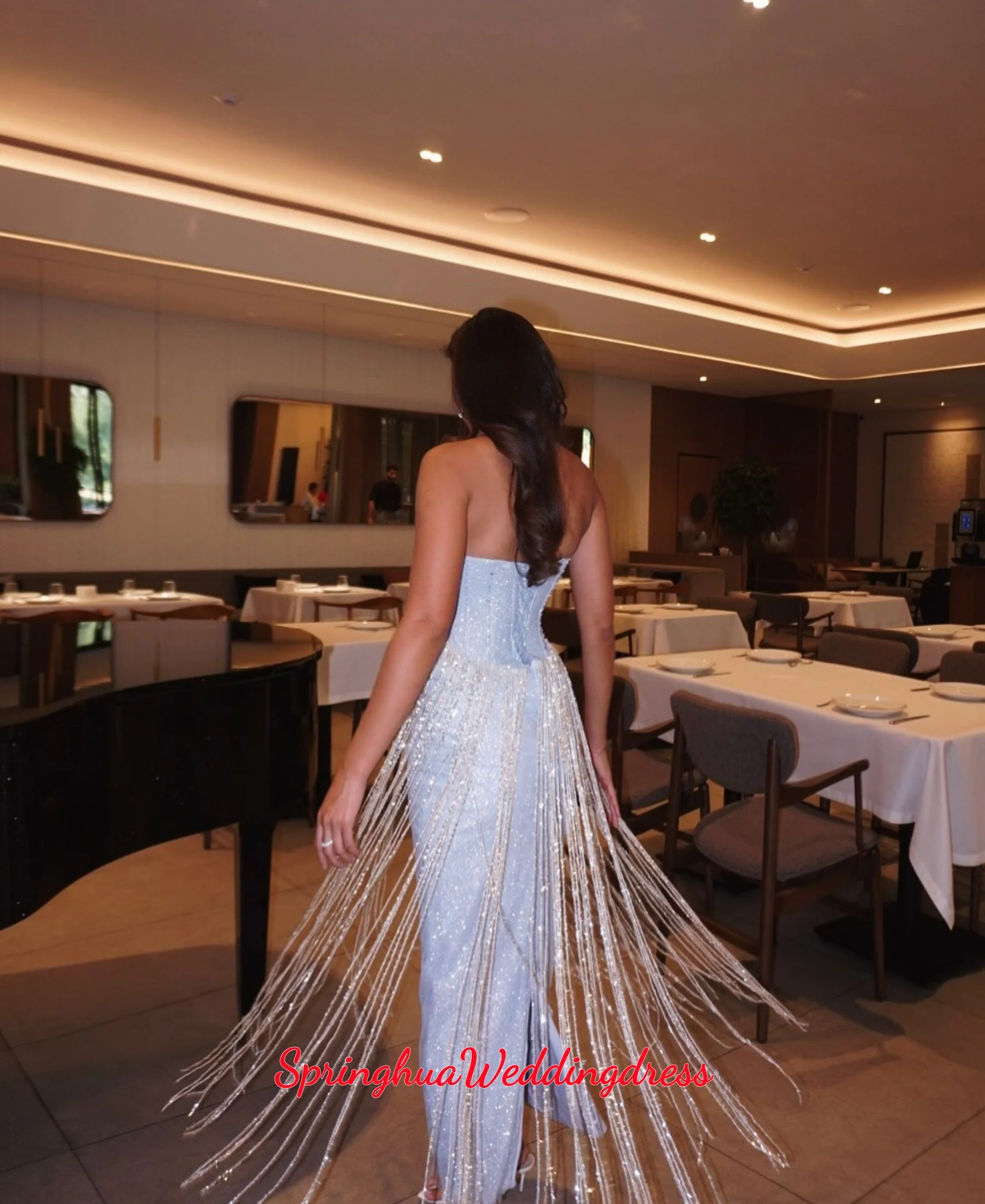 Customzied Luxury Column Strapless Evening dresses  Beaded Tassel Hem luxury women's formal evening gowns Vestidos De Novia
