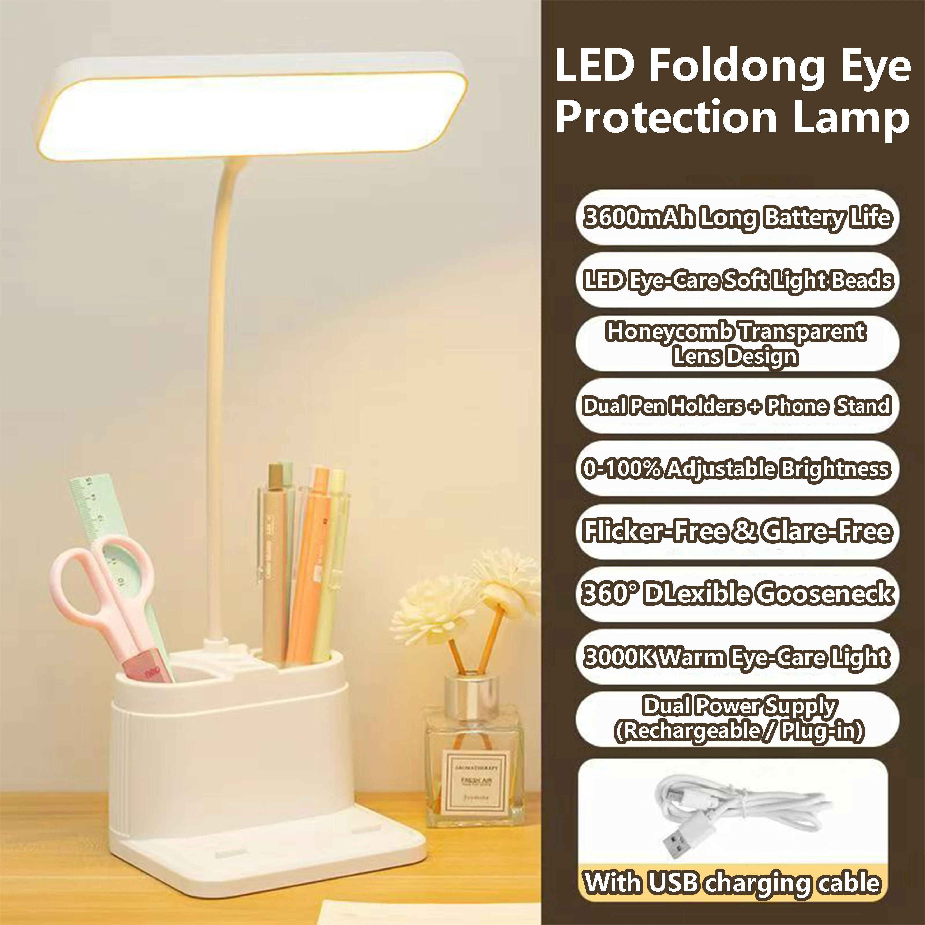 USB LED Table Lamp Eye Protection Reading Light 3 Color Modes Adjustable Brightness Desk Lamp for Bedroom Study Dorm College