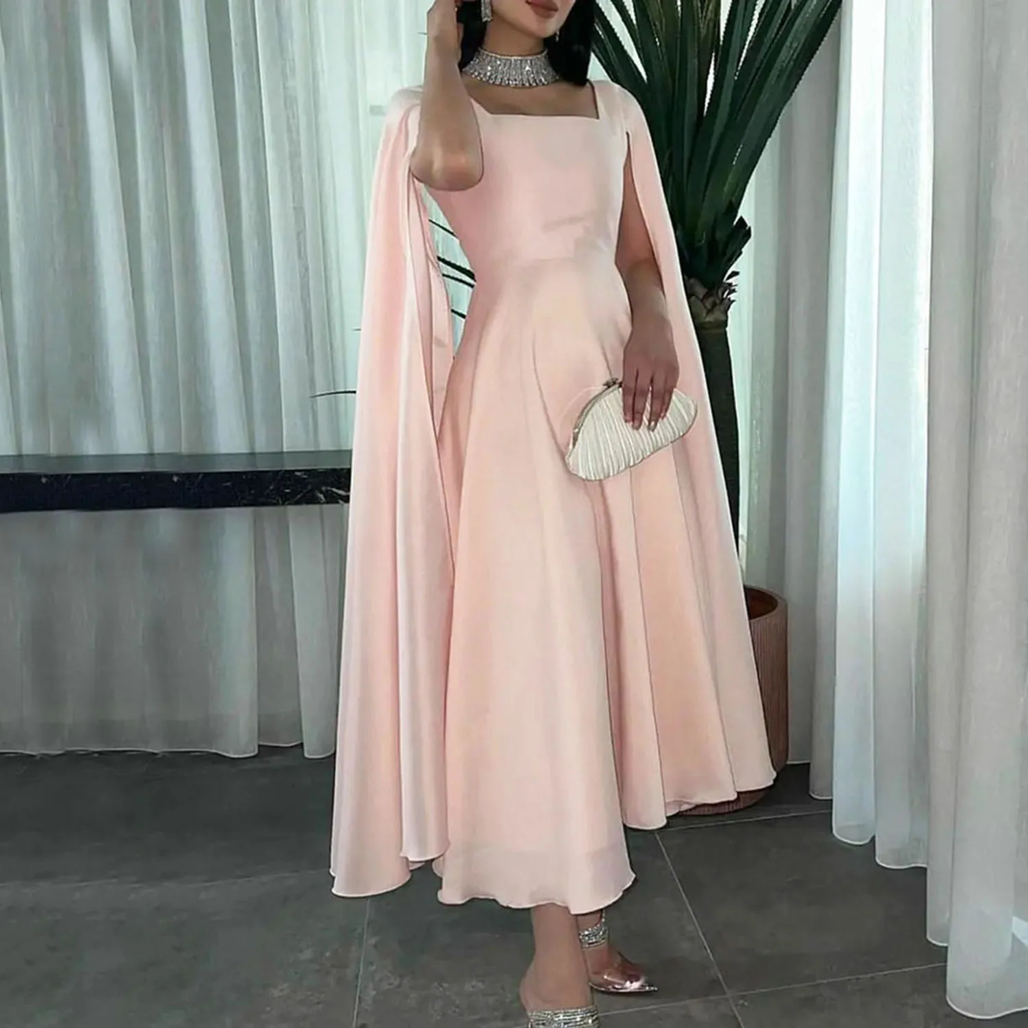 Banquet Wedding Dress A-line Square Neck Long Sleeve Mid-Calf Dress for  Banquet Party Vacation Prom