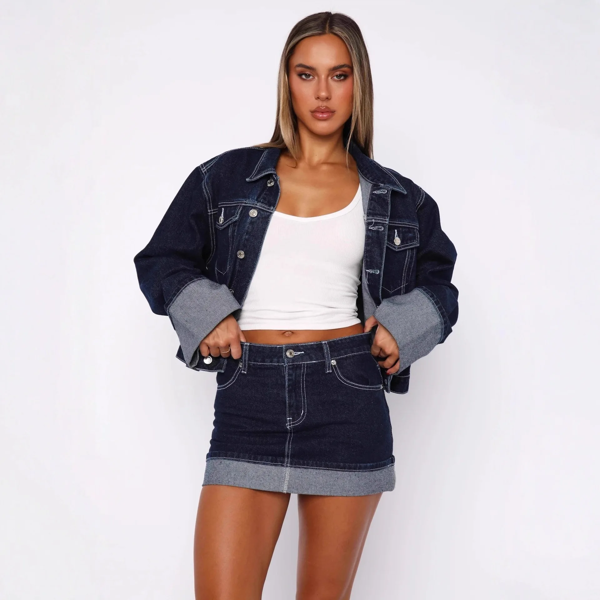 European American Women Dark Blue Light Blue White Black Casual Simple Stretchy Abive Knee Length Denim Skirts Female Clothes