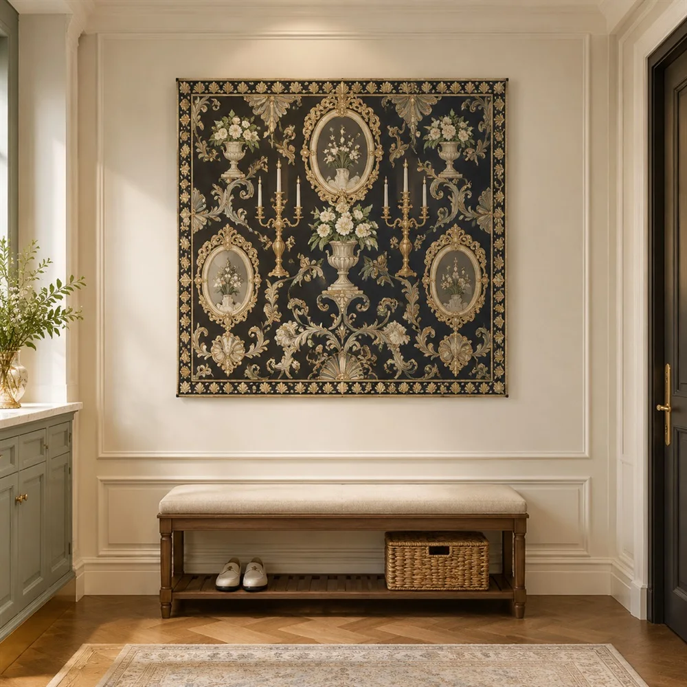 VIKAMA Candle and Mirror Still Life Allover Pattern Tapestry Wall Hanging, Neoclassical Wall Decor