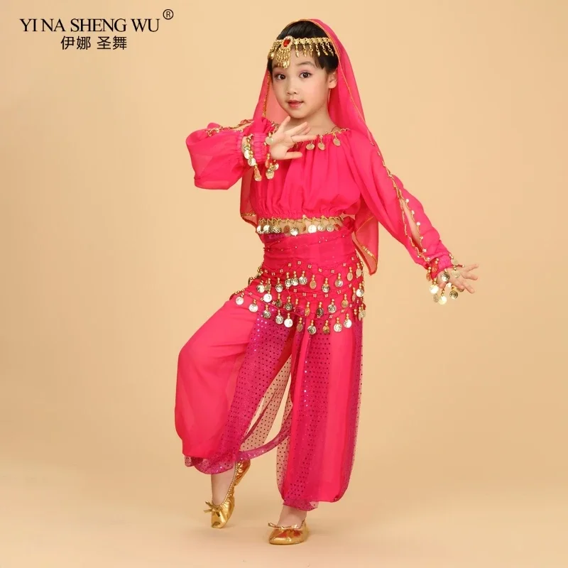 Bollywood Belly Dance Costume Set For Kids Egypt Egyptian Oriental Indian Bellydance Suit For Girls Dress 120D Chiffon Top Pant