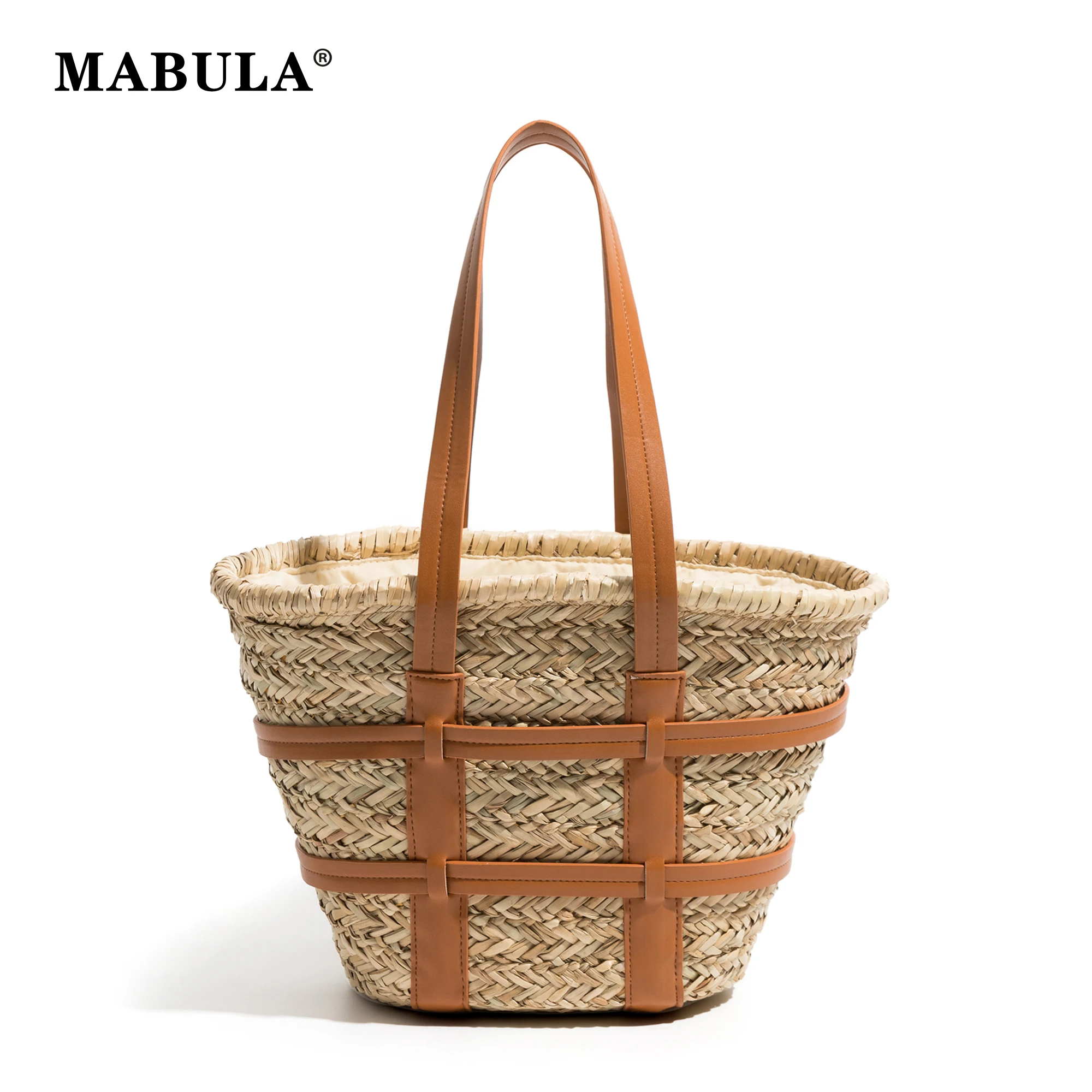 MABULA Large Straw Basket Women Tote Bag PU Strap Hollow Out Design Shoulder Hobo Purse Handmade High Quality Shopping Handbag