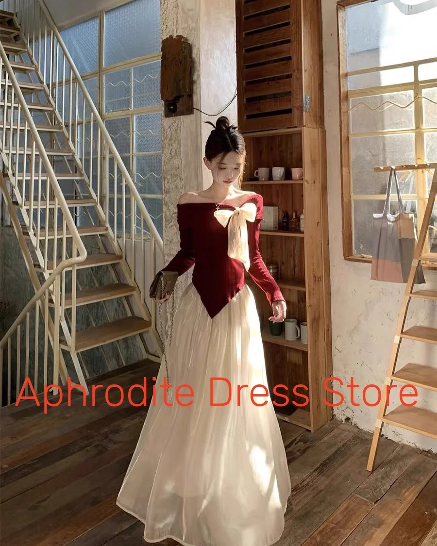 Customized Delicate Organza Off The Shoulder Bow Evening Dresses Temperament Long Sleeves Prom Dress Custom Made Party