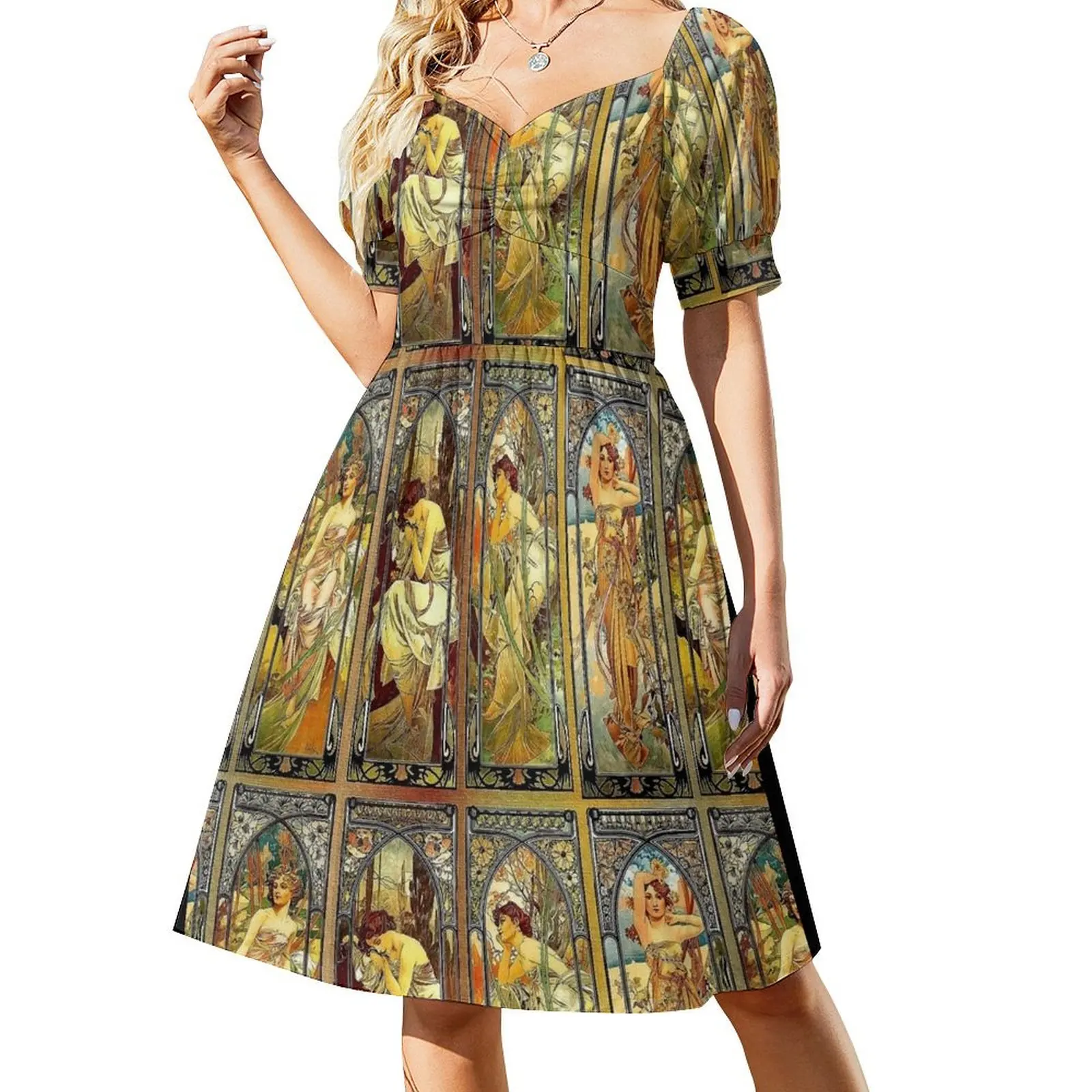 

Four seasons Art nouveau vintage art - Alphonse Mucha Short Sleeved Dress summer dresses women 2025 Women long dress Dress