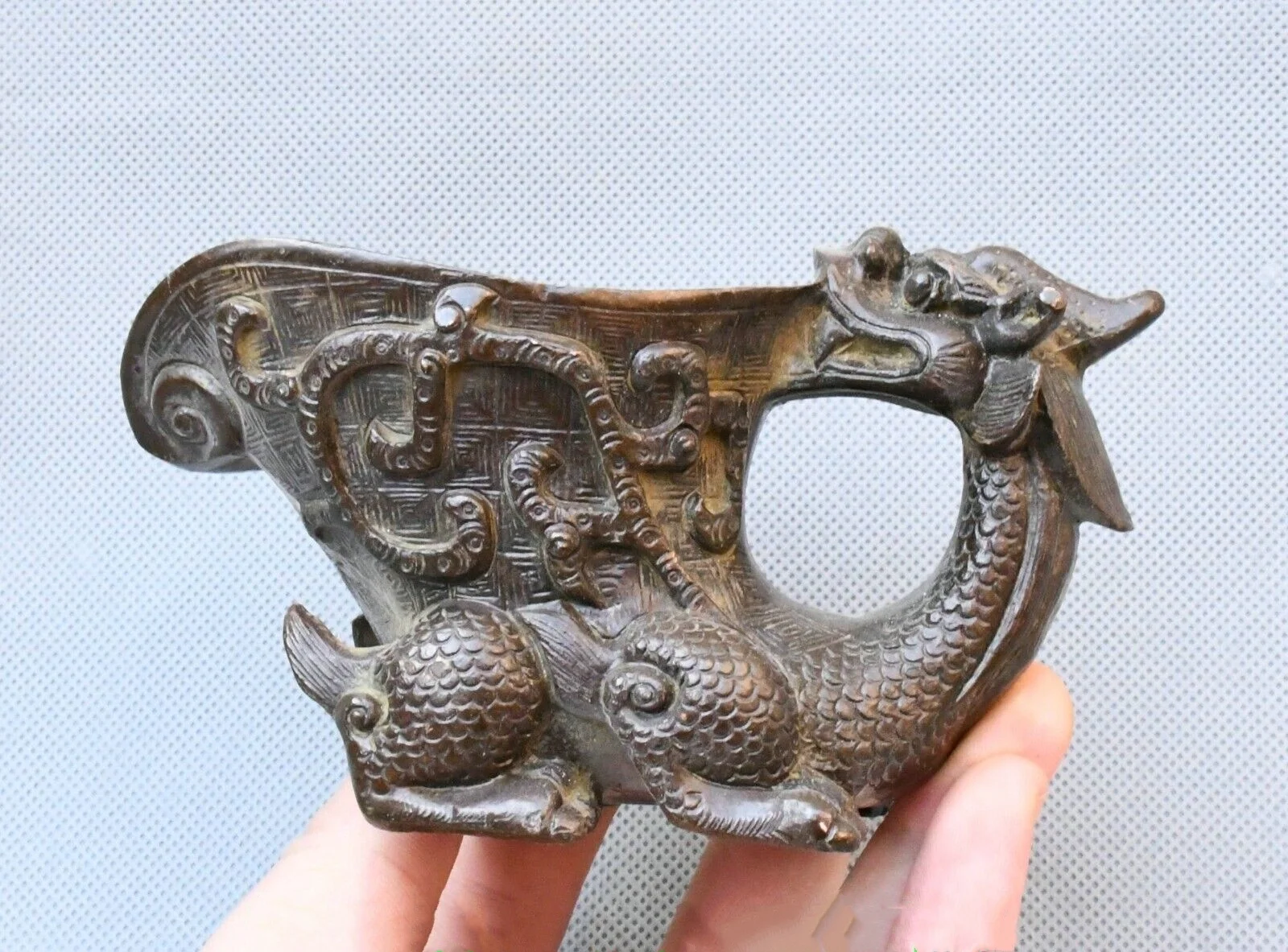 5.1''Old Chinese Dynasty Bronze Dragon Loong Beast Drinking Wine Glass Cup