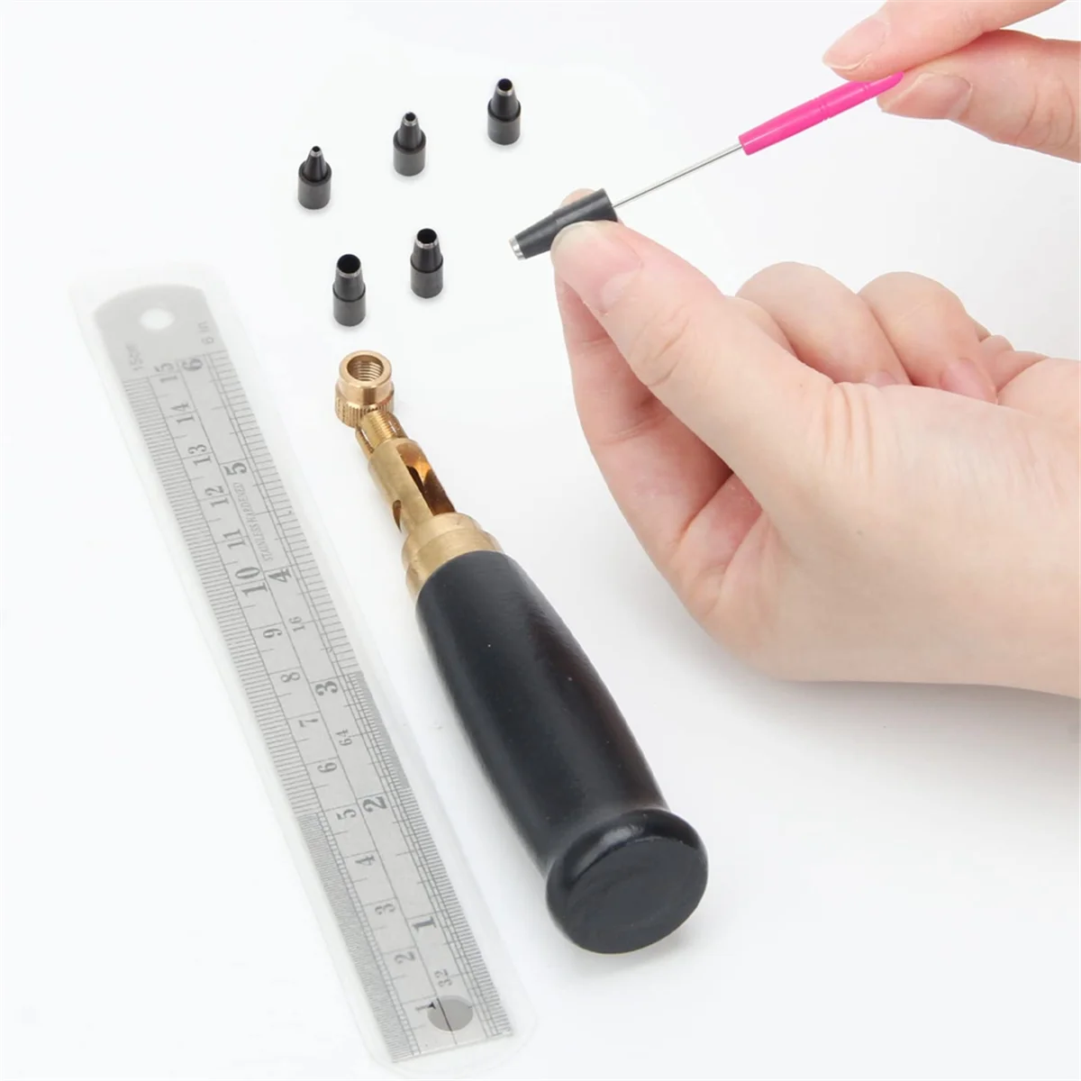 Adjustable Screw Punch, 6 Tip Sizes Belt Hole Puncher, Wood Handle Leather Hole Punch Tool for Sewing Leather Black