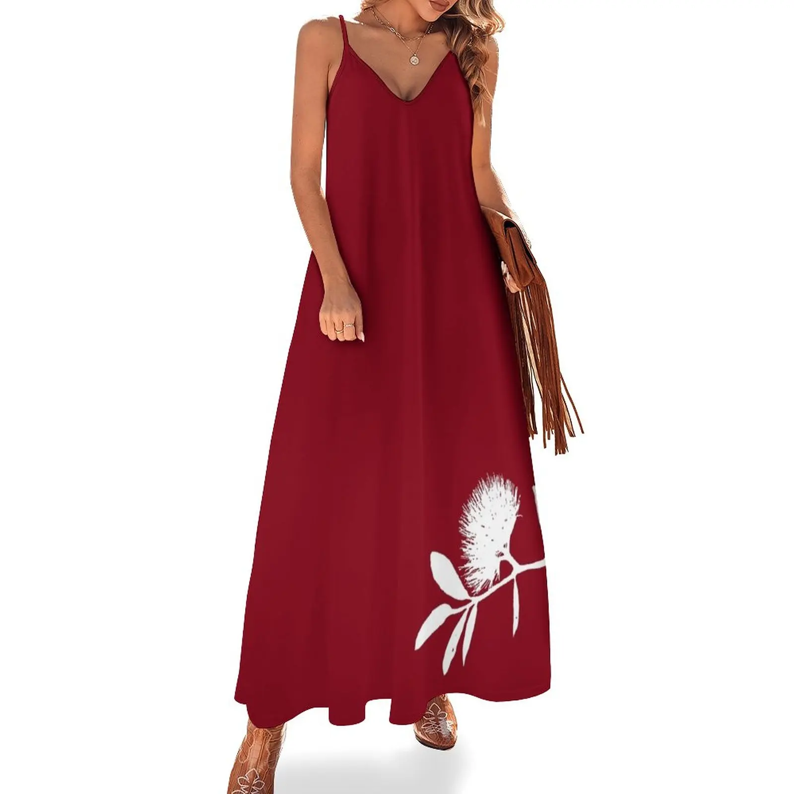 

Pohutukawa- White on Red Sleeveless Dress Female clothing Dress for pregnant women