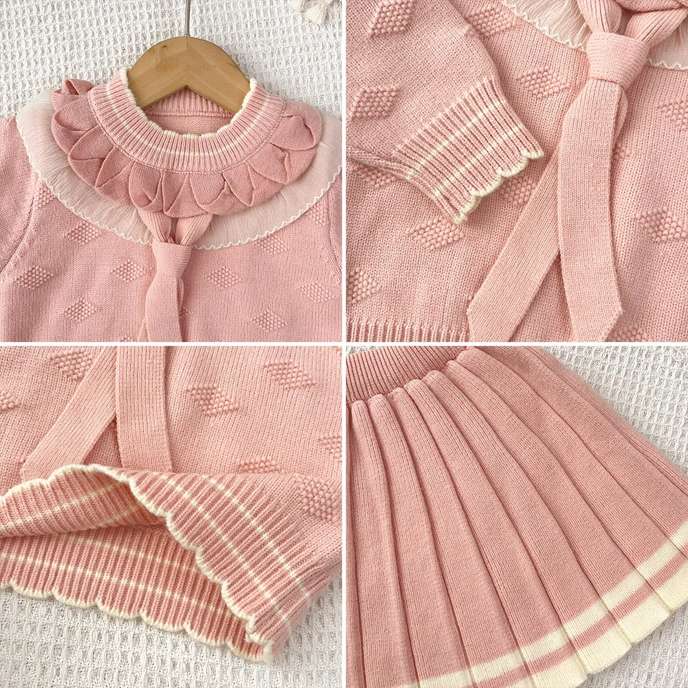 Herbst- und Winter-Set für süße Babymädchen: Gestrickter Pullover, modische Kinderkleidung, zweiteiliges Set für Mädchen, grünes langärmeliges Oberteil + Faltenrock – Detail 16