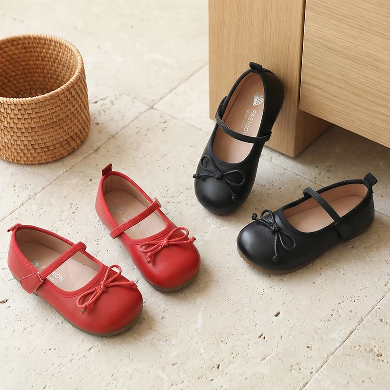 

Spring Girl's Princess Shoes Bowknot Hook-loop Sweet Kid's Flat Shoe Red Black Pu Leather Chic Daily Versatile Children Shoes