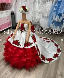 Customized Mexican Charro Little Princess Flower Girls Dresses with Detachable Train Bow Applique Floral Mini Quinceanera Dress