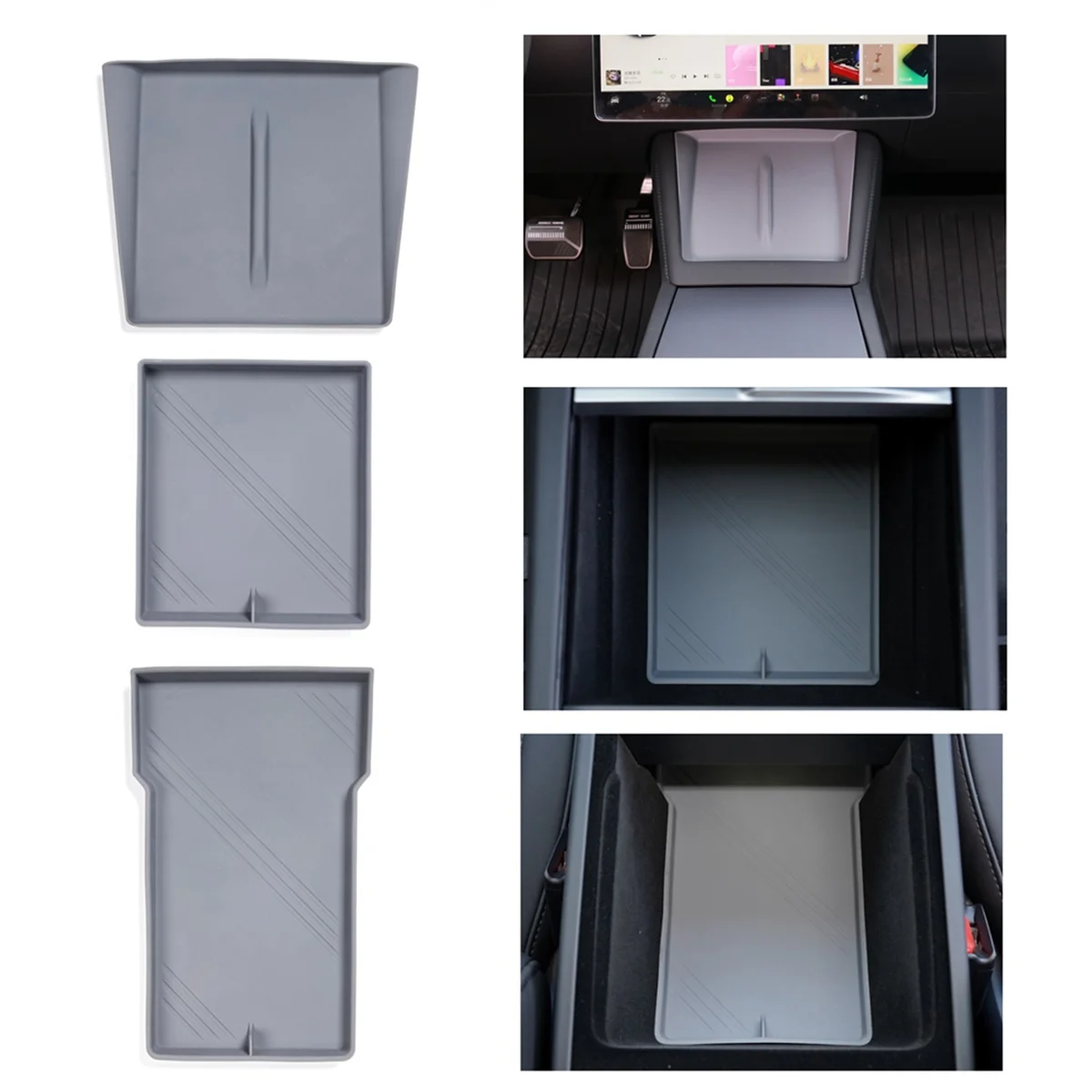 

For Tesla Model 3 Highland 2024 Center Console Organizer+Armrest Storage Bottom+Wireless Charging Mat ,Silicone Grey