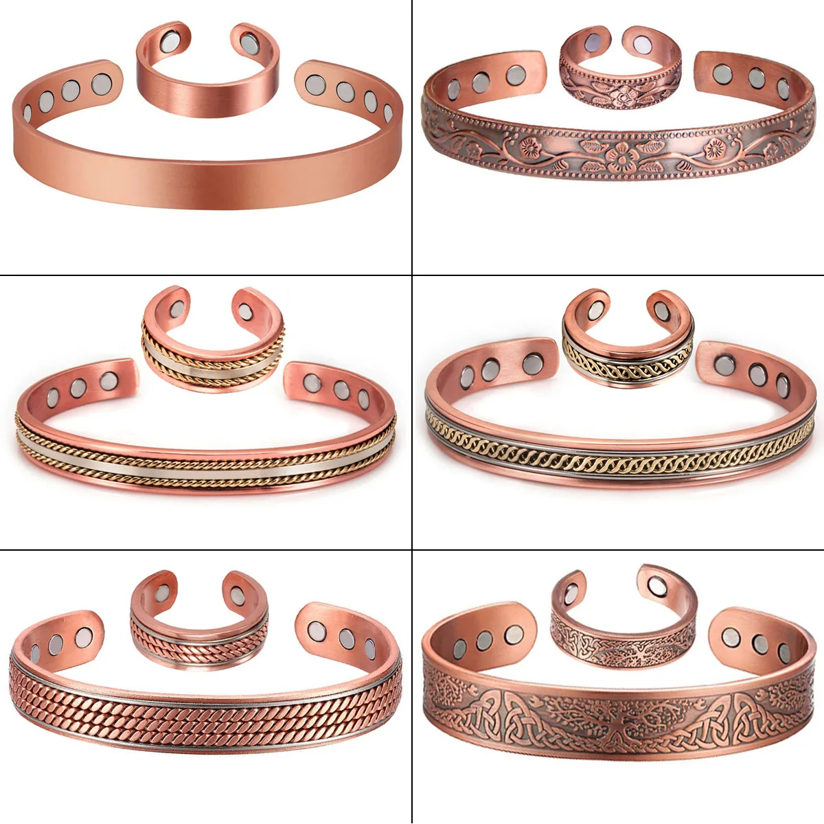 2PCS Real Pure Copper Magnetic Bracelets & Rings Sets Simplicity Cuff Bangles for Women Men Arthritis Health Jewelry Wholesale