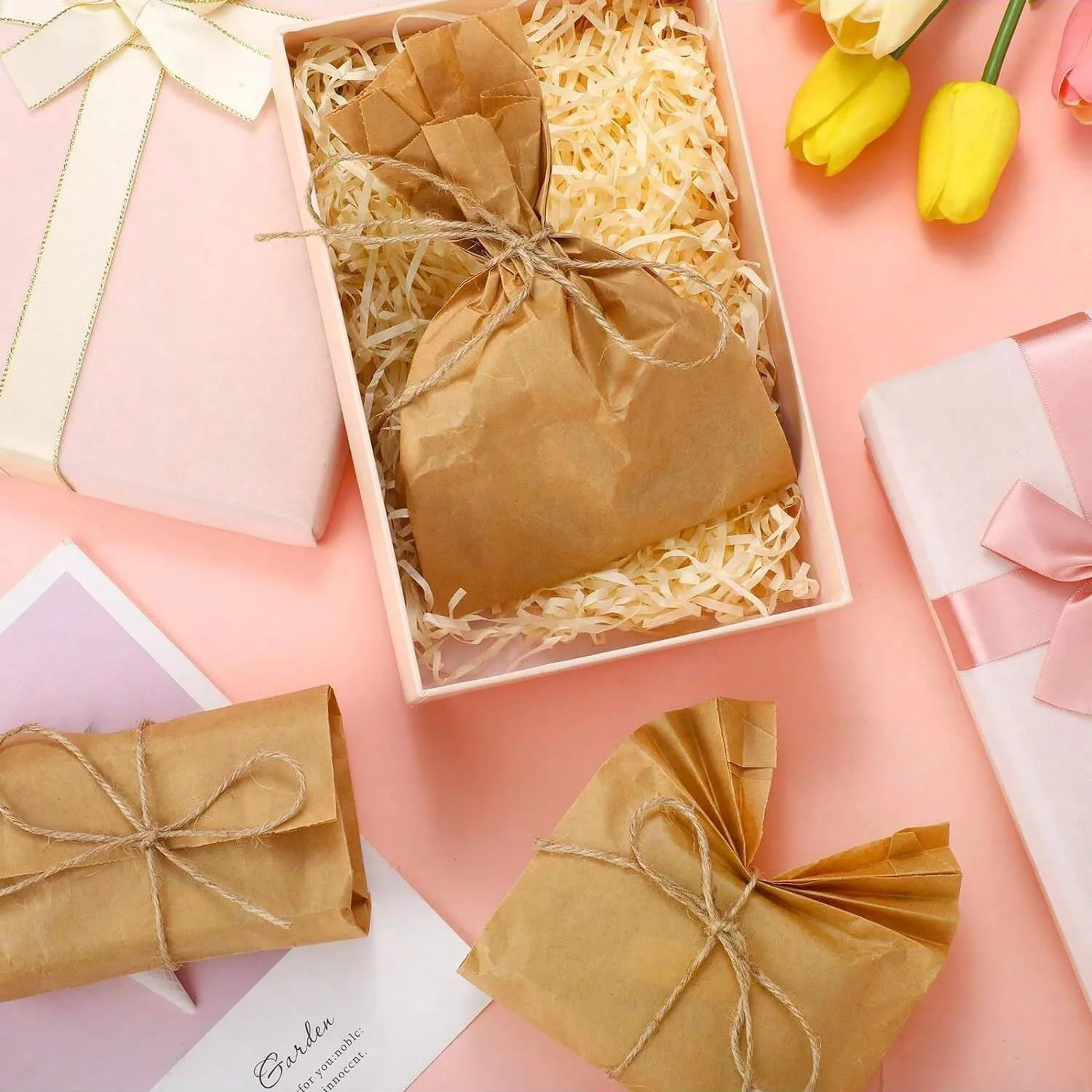 100pcs Paper Bags,Natural Color Kraft Paper Bags with Jute Rope for Making Candy Gifts Crafts Goods Wedding Gift Bags