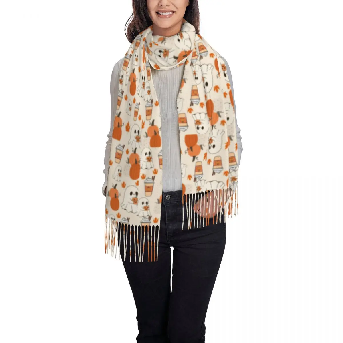 Watercolor Pumpkin Patch Halloween Scarf with Long Tassel Warm Soft Womens New Design Scarves Wraps Winter y2k Cool Bufanda