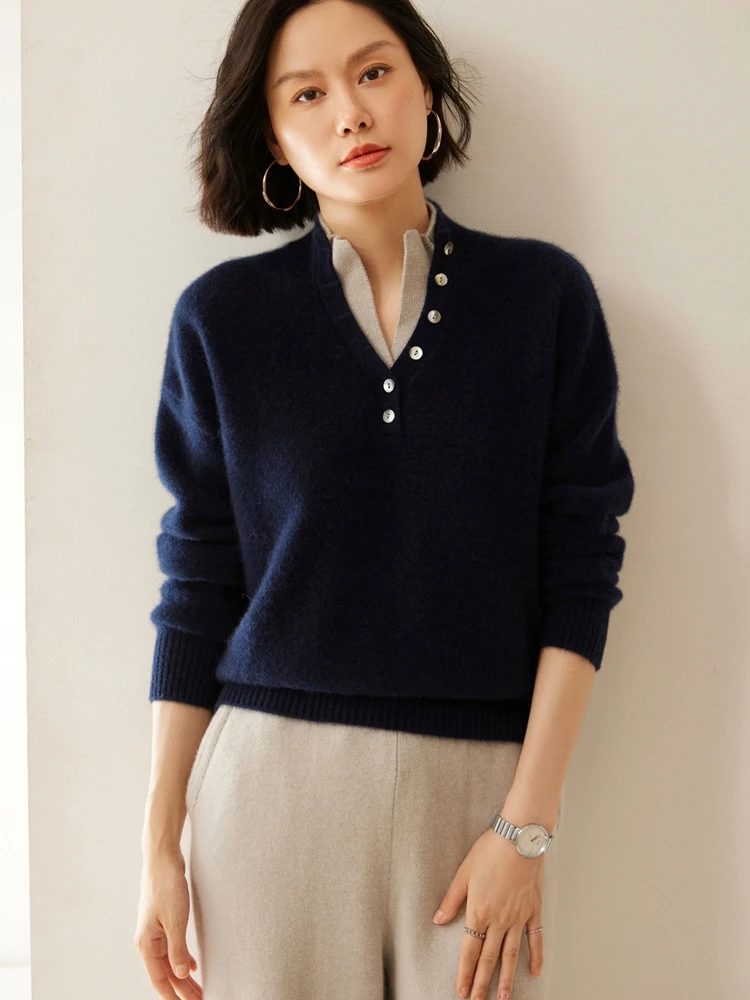 

New Chic Women 100% Cashmere Sweater Button Stand Collar Pullover Autumn Winter Casual Simple Style Cashmere Knitwear Korean Top