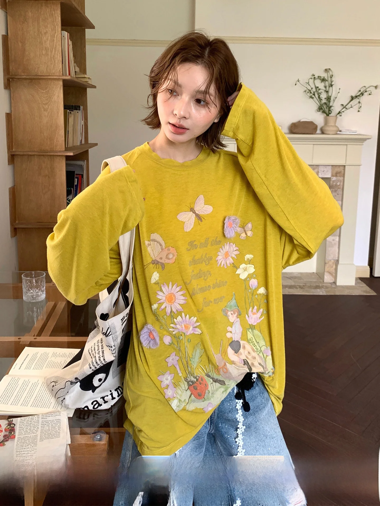 

Футболка с длинными рукавами Yanag Original Design Snail Rider, защита от солнца, свободный крой, круглый вырез, топ из смеси шерсти и лиоцелла с принтом