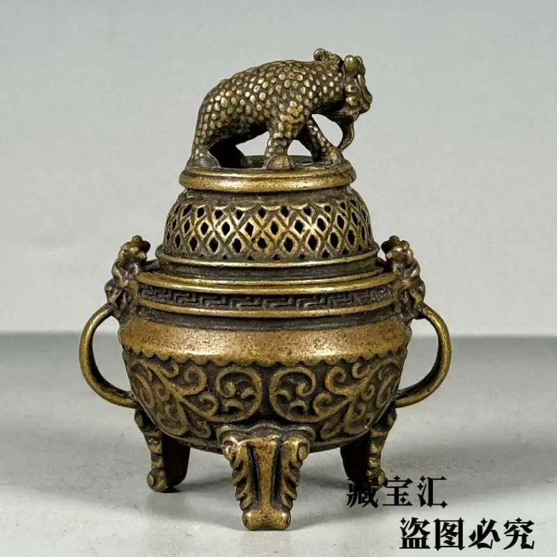 Antique Old Collection Pure Brass Suanni Incense Burner Dragon Nine Sons Double Ears Three Legged censer Tabletop Ornament