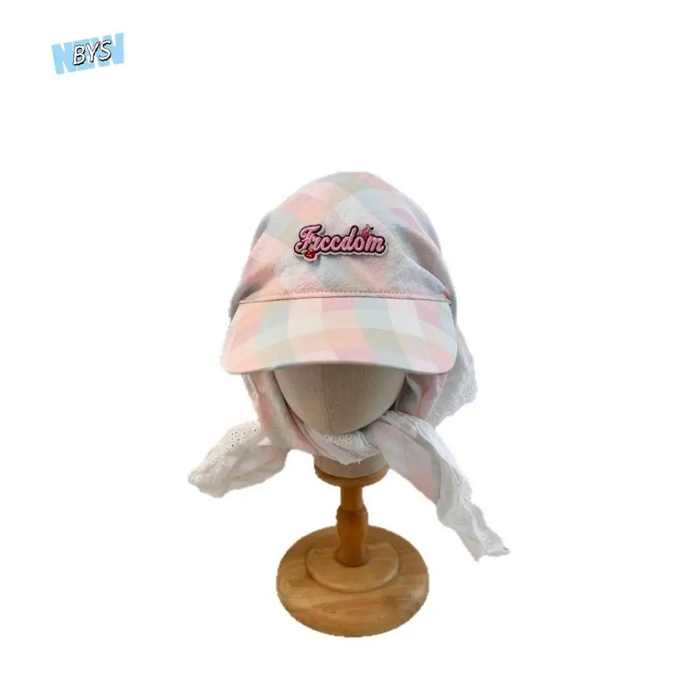 

Fashion Korean Style Plaid Baseball Cap Cotton Sunscreen Strappy Bandana Hat Peaked Cap Embroidery Letter Headscarf Hat Beach